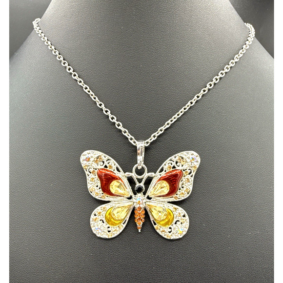Butterfly Necklace 27" Acrylic Red Yellow Crystal Pendant Silver Tone Long Chain - Picture 2 of 7